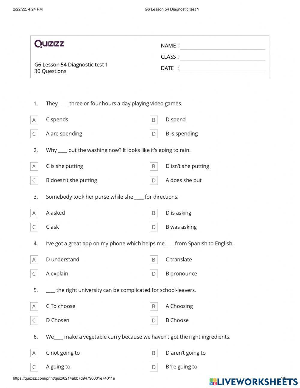 G6 Day 54 Diagnostic test 1