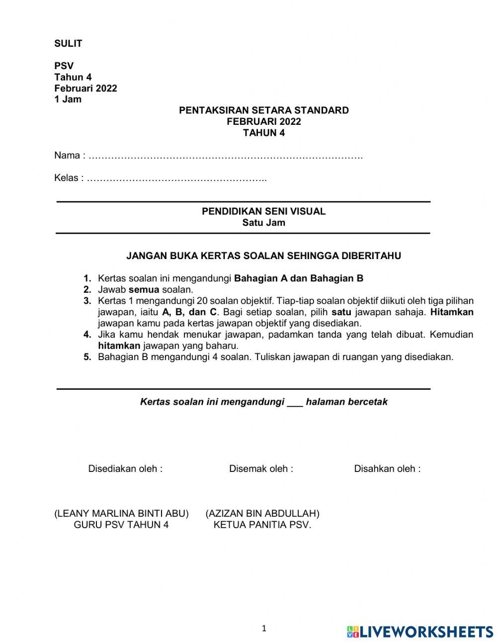 Pentaksiran setara standard psv tahun 4 Pentaksiran setara standard psv tahun 4