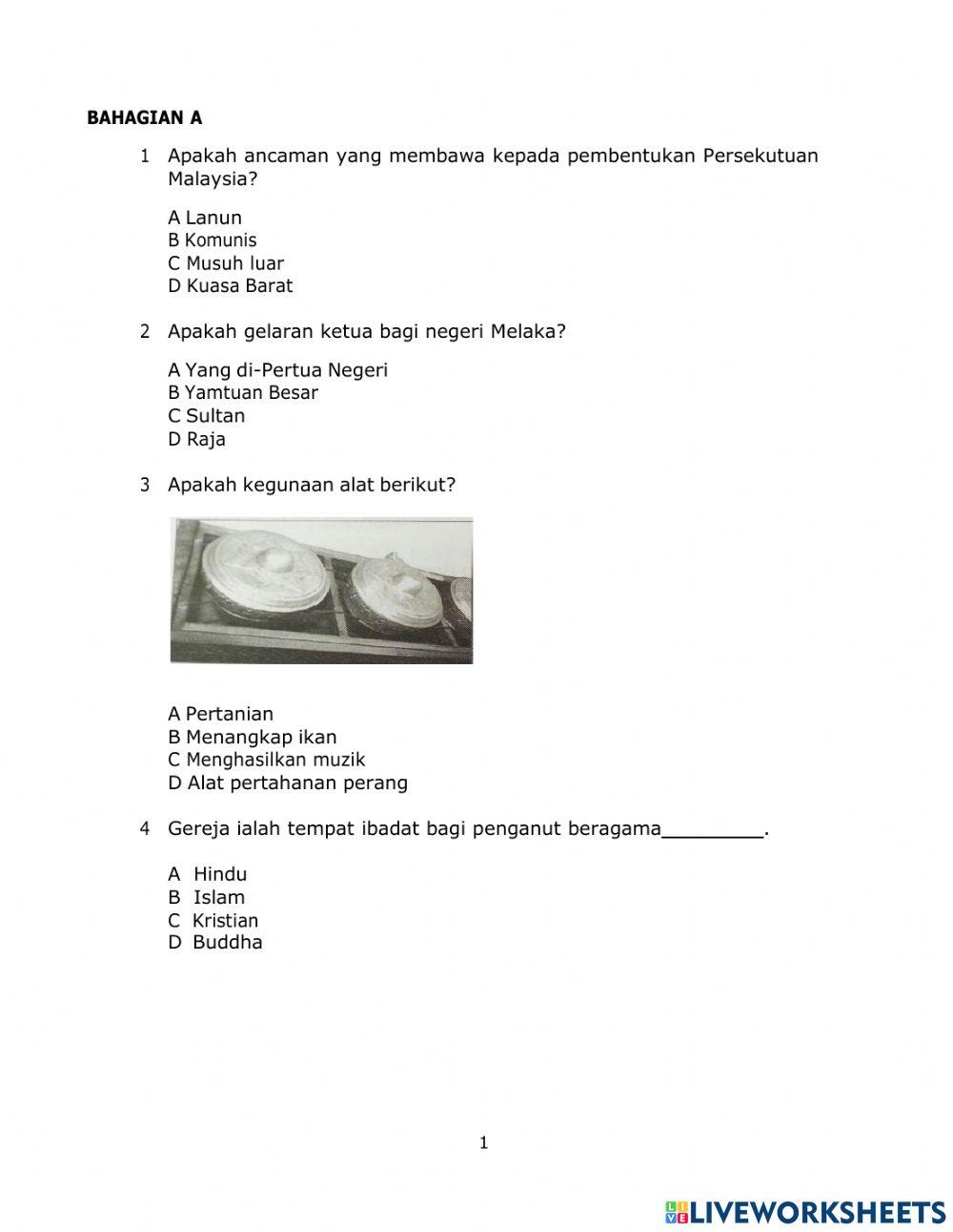 Pentaksiran setara standard sejarah tahun 6 worksheet  Live Worksheets