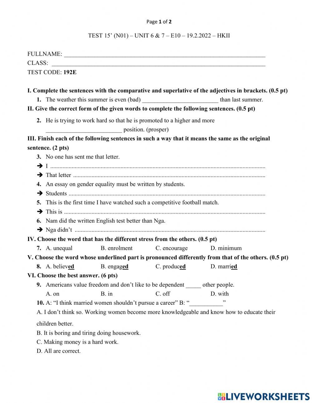 192E-KT 15 (số 1)-HKII-Unit 6,7-E10-19.2.2022