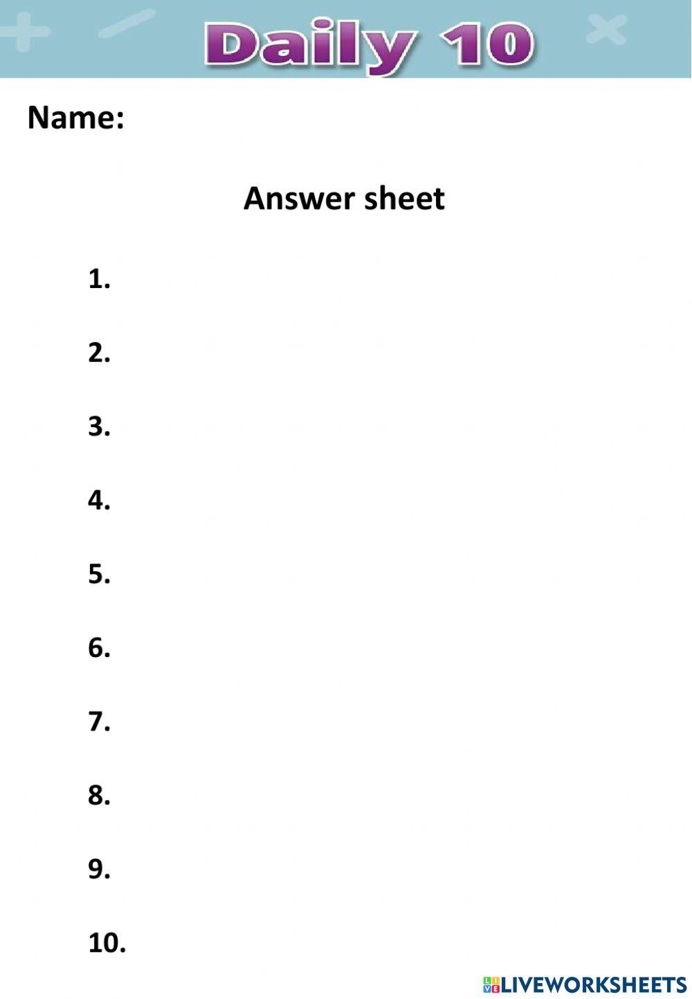 Daily 10 Answer Sheet online exercise for | Live Worksheets