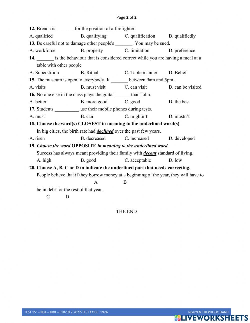 192A-KT 15 (số 1)-HKII-Unit 6,7-E10-19.2.2022