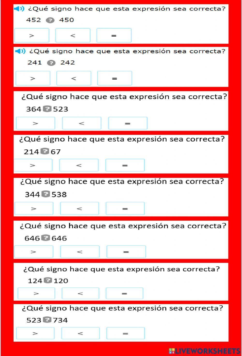 Comparar números, hasta el mil