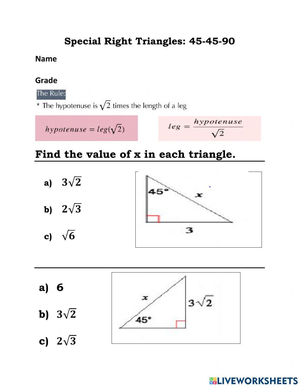 Special Right Triangles online exercise for Live Worksheets