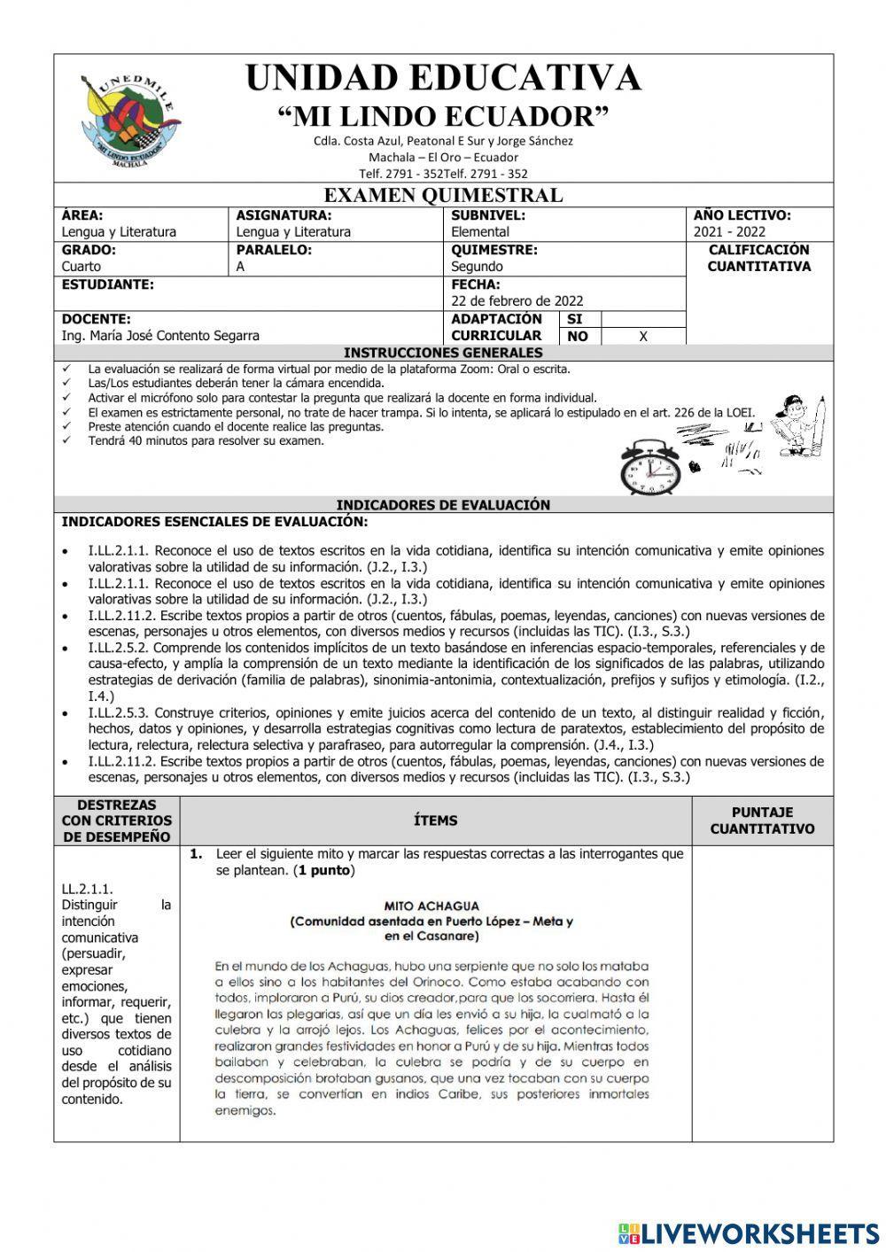 Exámen Quimestral Lengua y Literatura Cuarto Grado