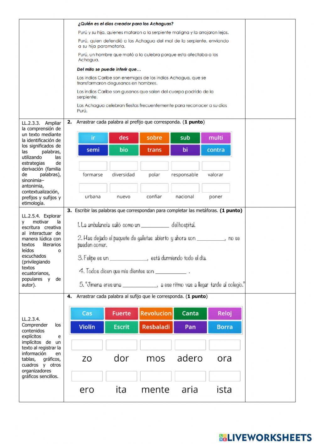 Exámen Quimestral Lengua y Literatura Cuarto Grado