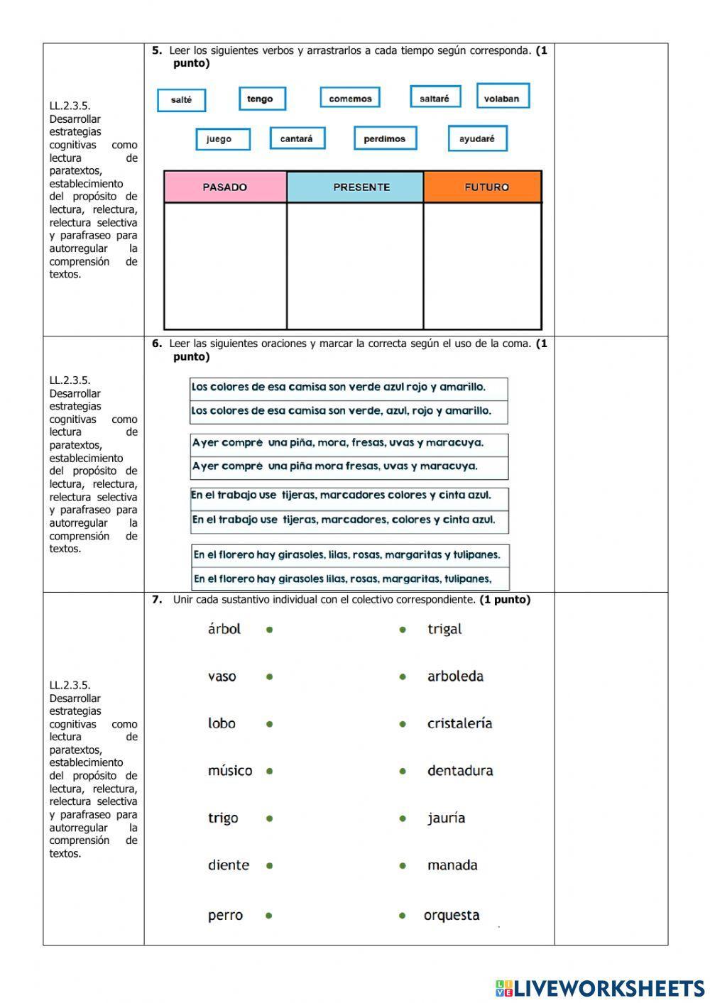 Exámen Quimestral Lengua y Literatura Cuarto Grado
