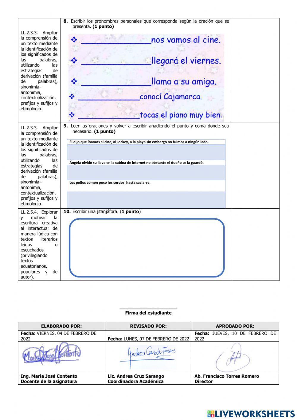 Exámen Quimestral Lengua y Literatura Cuarto Grado
