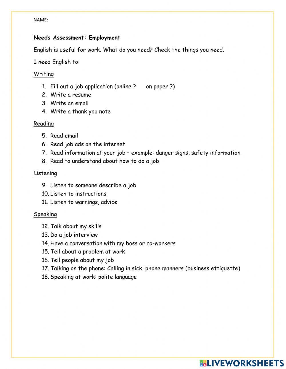 Needs Assessment - Employment