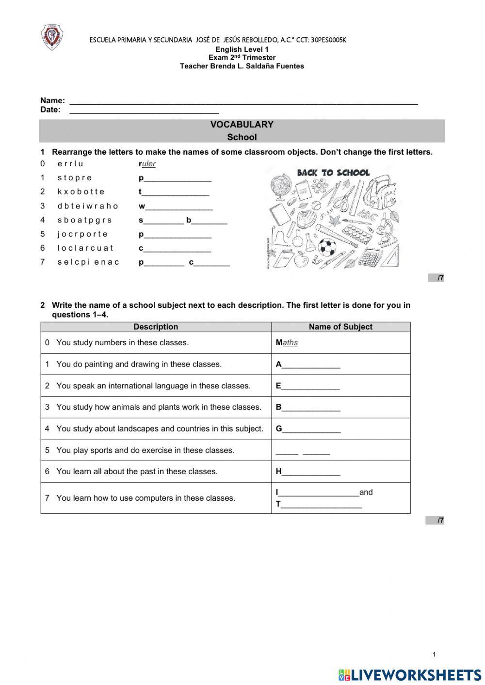 English Level 1 Exam 2 online exercise for | Live Worksheets