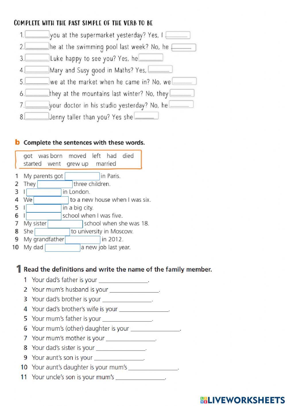 Past simple, Family members, Life stages