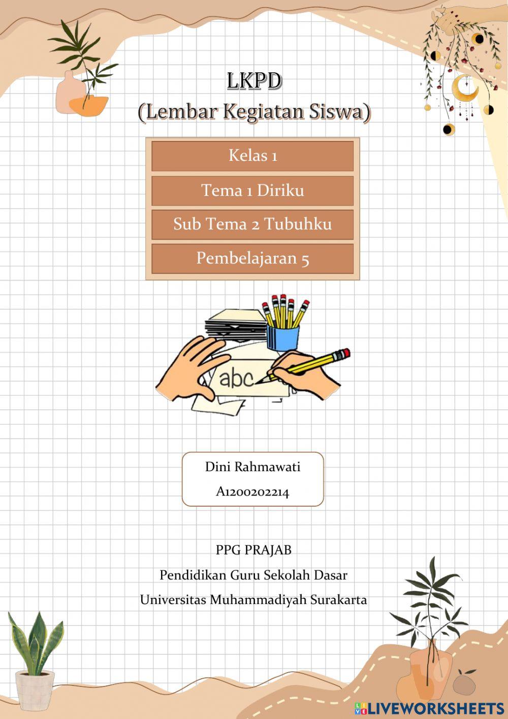 LKPD 1 , Kelas 1, Tema 1 Subtema 2, Pembelajaran 5