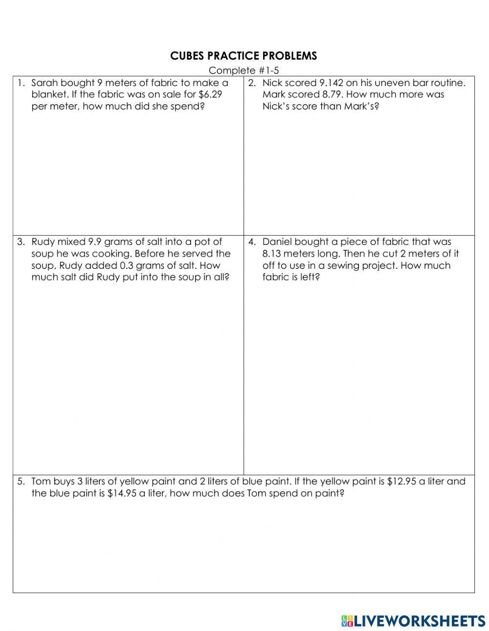 C.U.B.E.S Word Problems 1-5