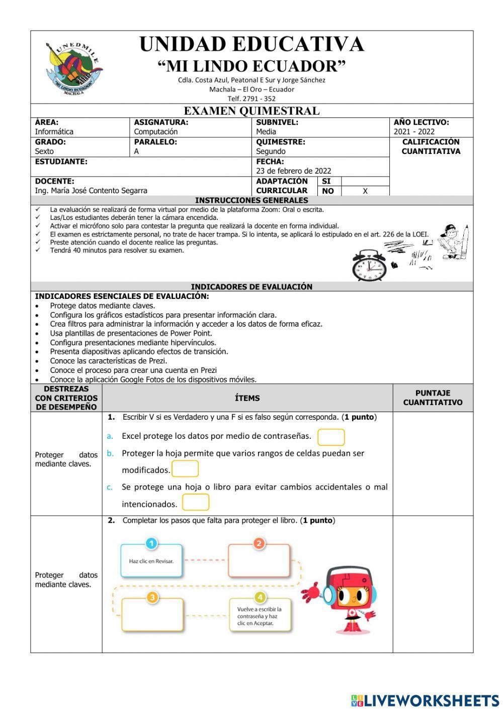 Exámen Quimestral Sexto Computación