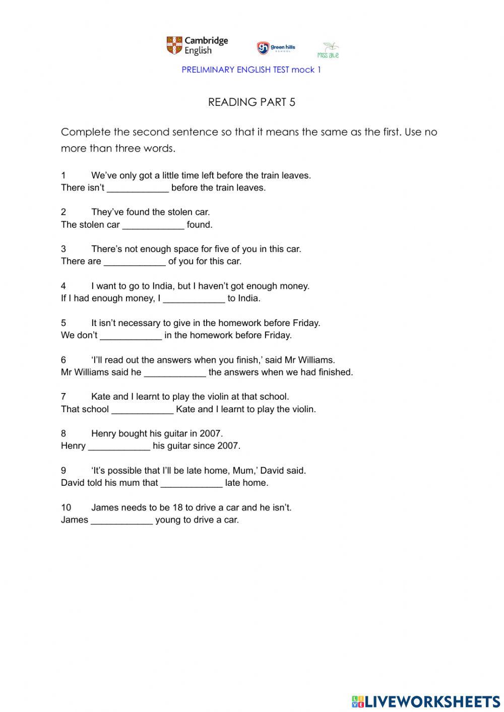 Preliminary reading practice