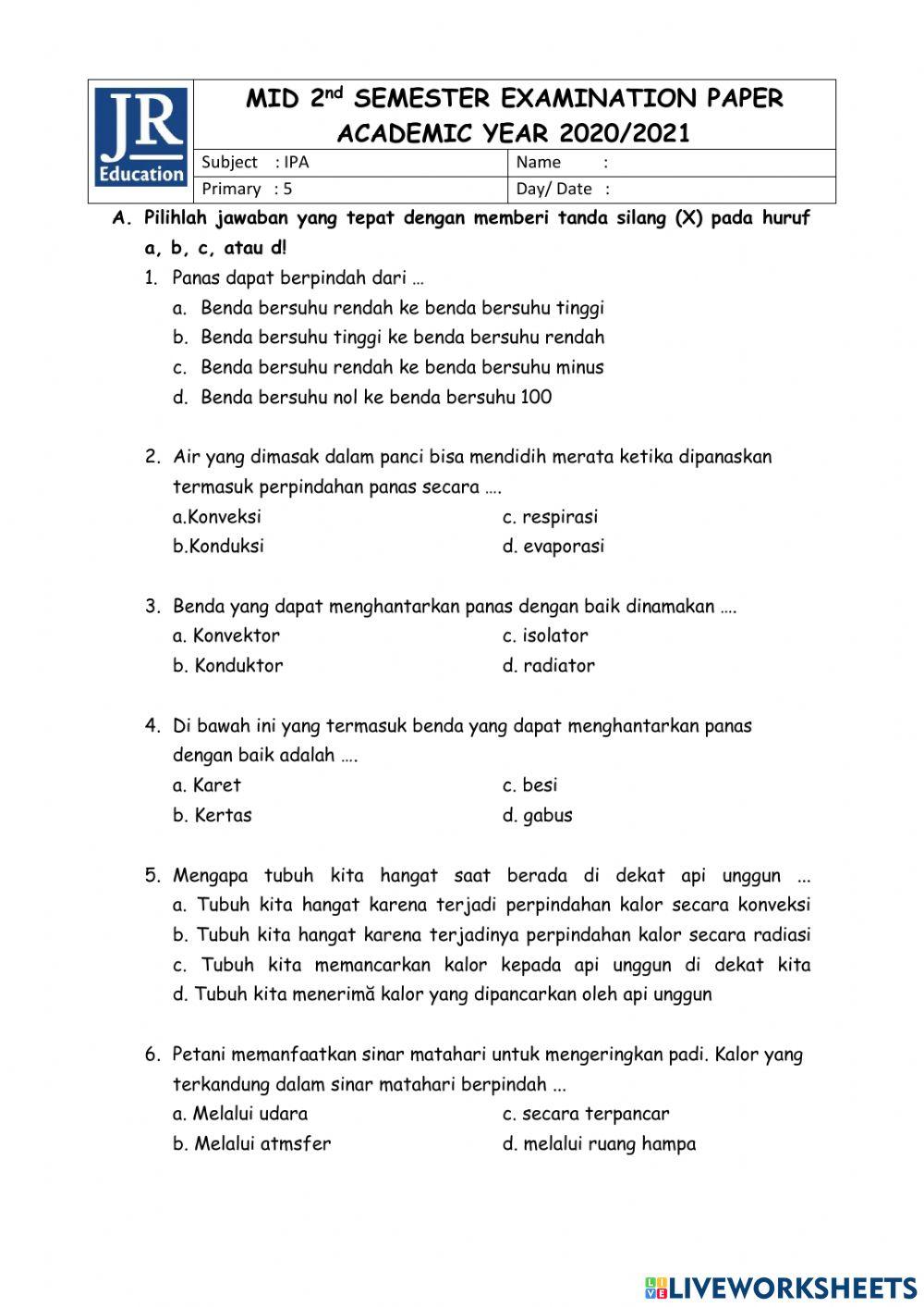 Mid semester IPA kelas 5