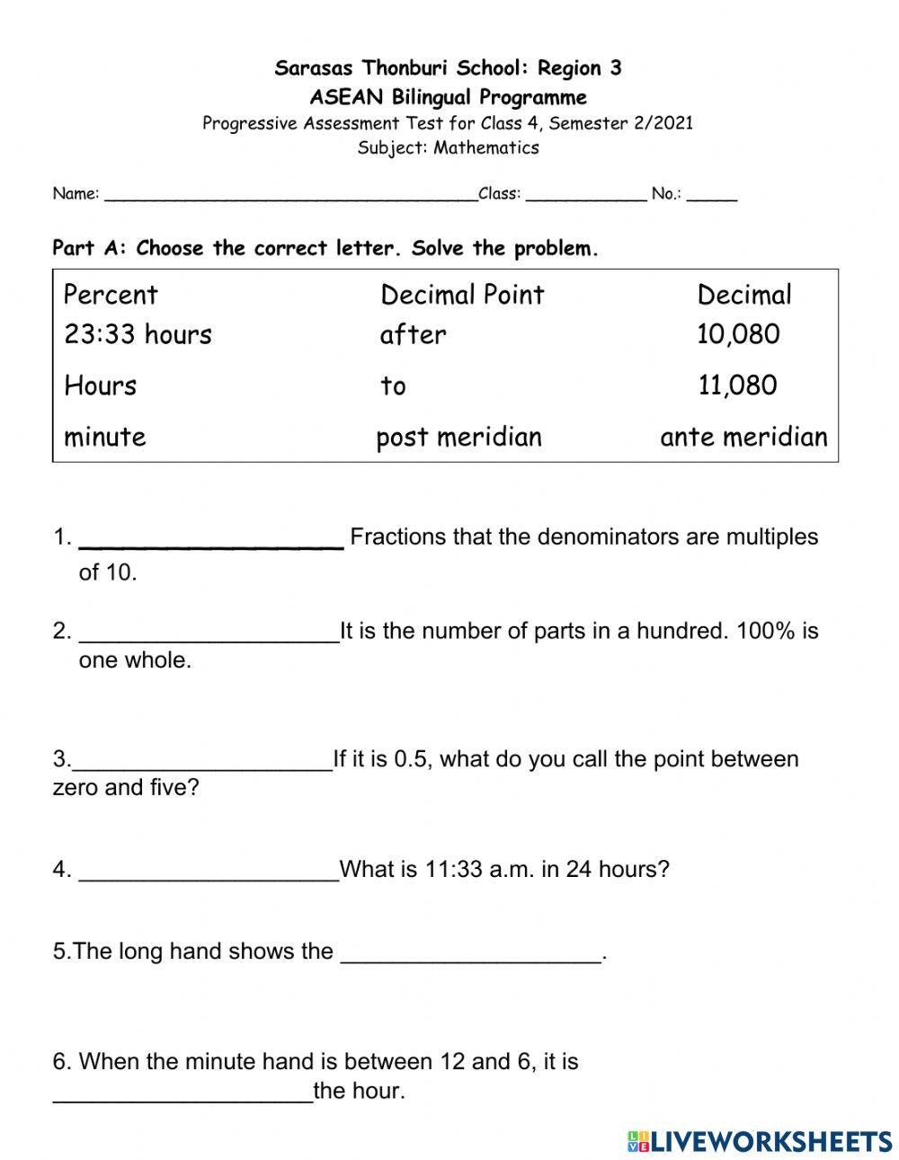 Math 4 Final live worksheet online exercise for Live Worksheets