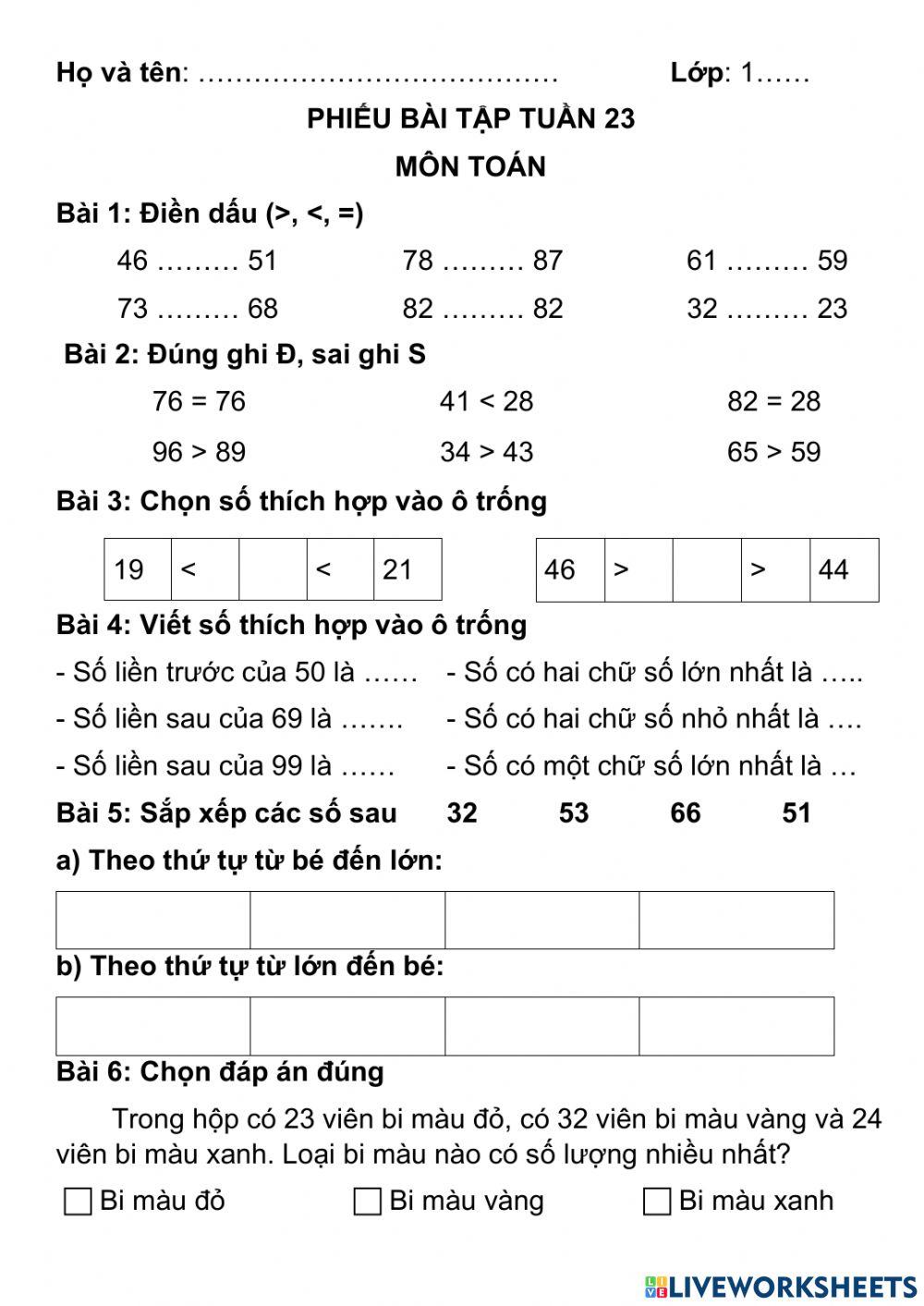 Phiếu bài tập toán