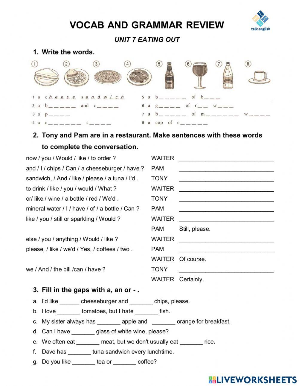 VOCAB AND GRAMMAR REVIEW UNIT 7 Eating out