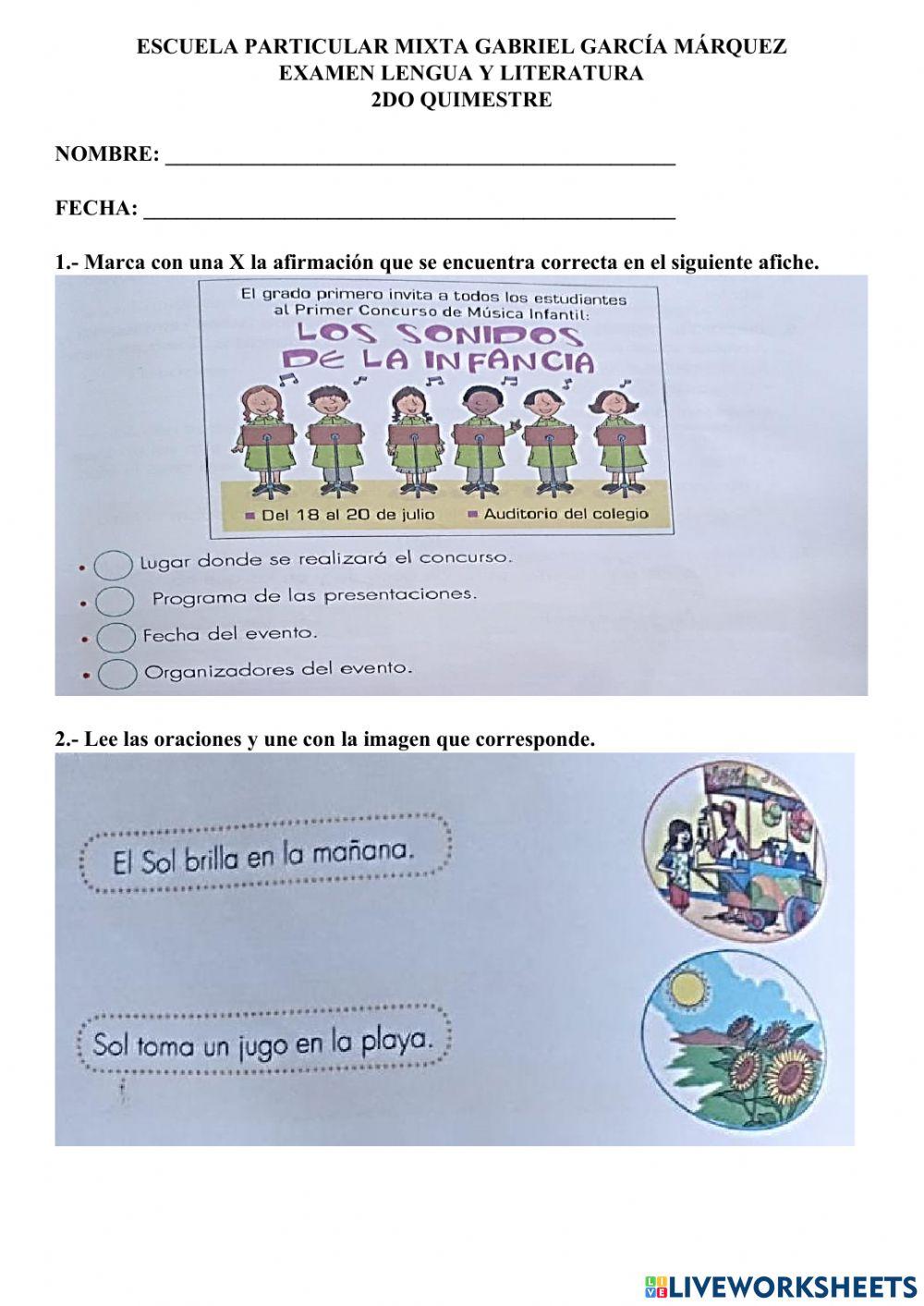 Examen lengua y literatura 2do ab