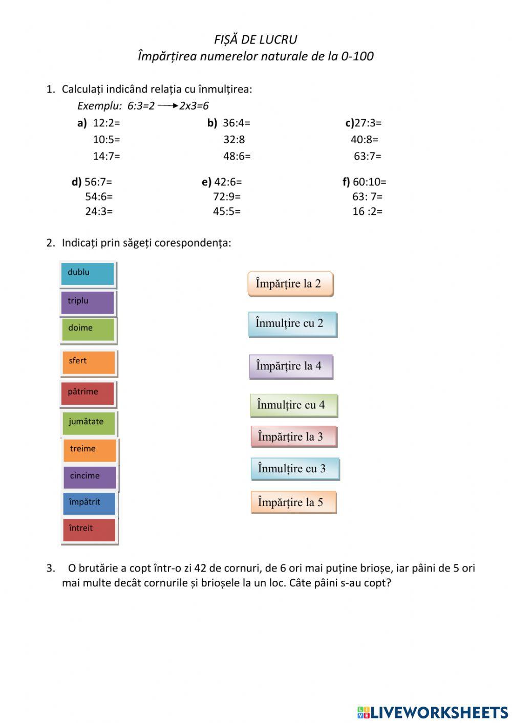 Fișă de lucru- Impărțirea numerelor naturale 0- 100