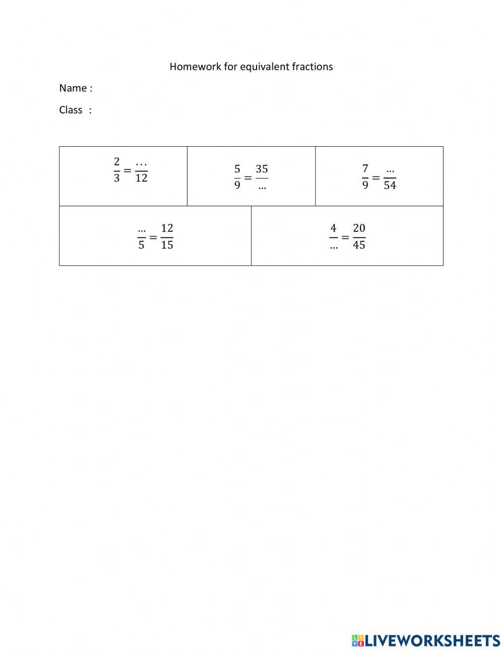 Homework equivalent fractions