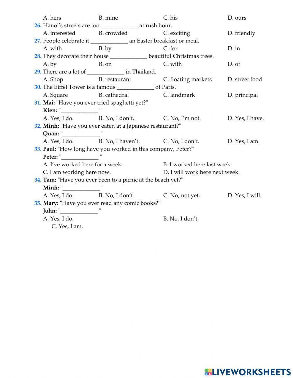 Lop 6 unit 9 ws 1 worksheet live worksheets