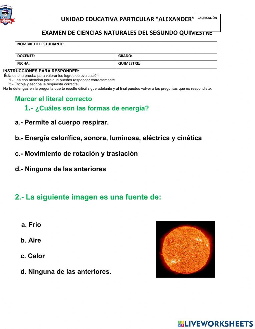 Examen de ciencias naturales