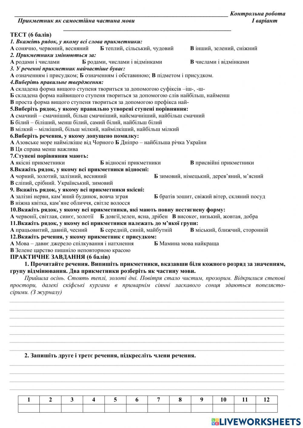 Контрольна робота -Прикметник як частина мови-