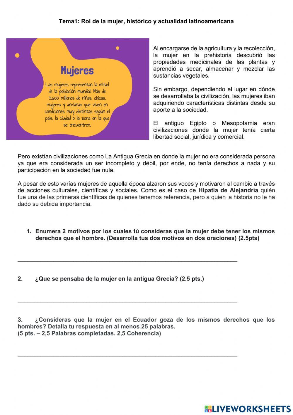 Tema1: Rol de la mujer, histórico y actualidad latinoamericana