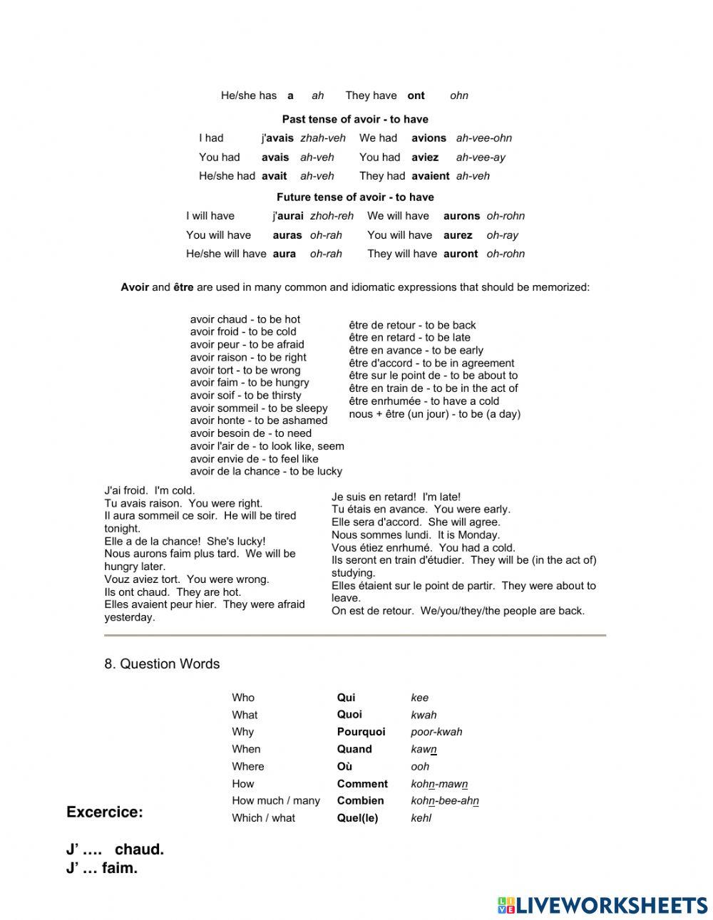 Verbe être et avoir, leçon