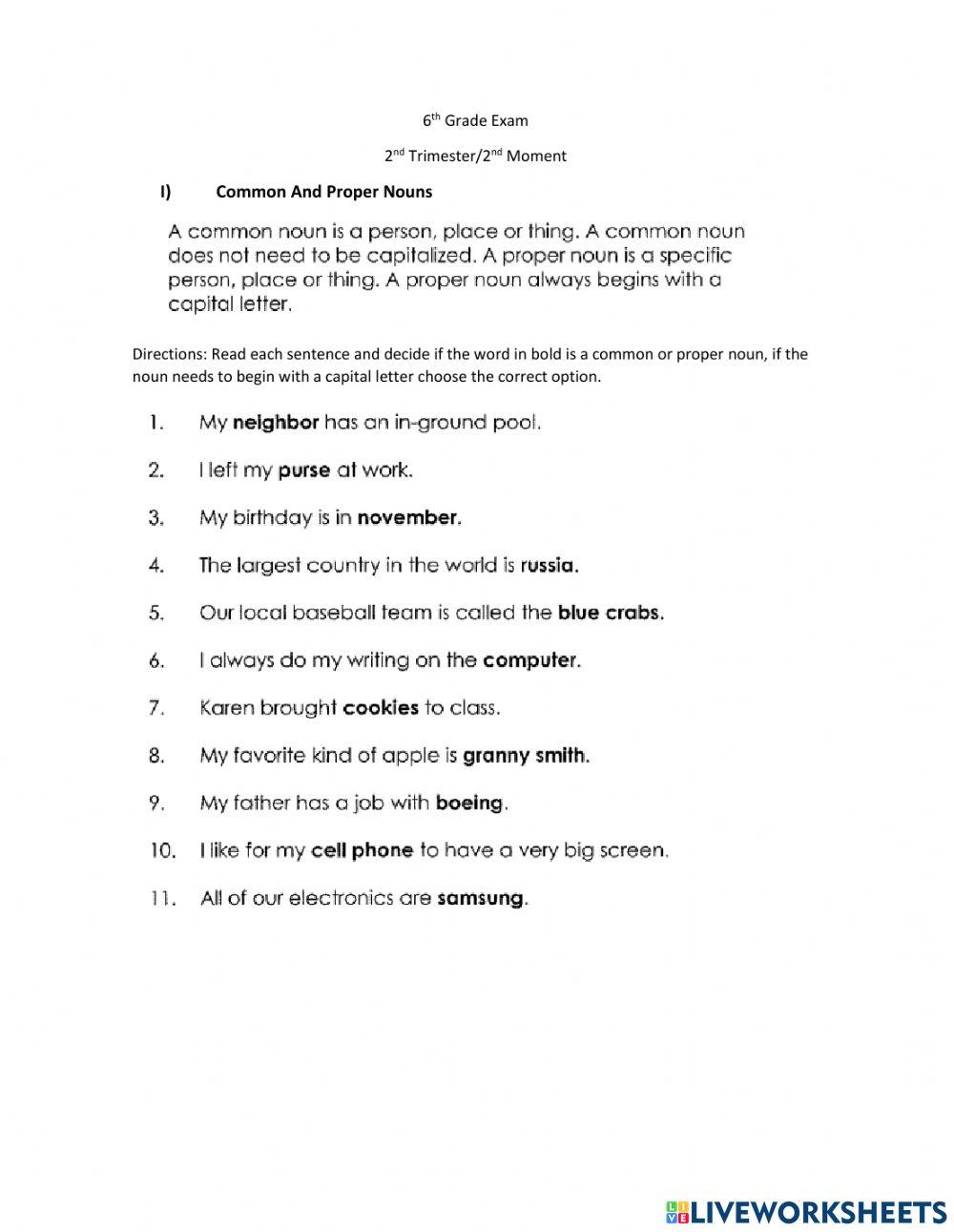 6th grade exam 2nd trim 2nd moment