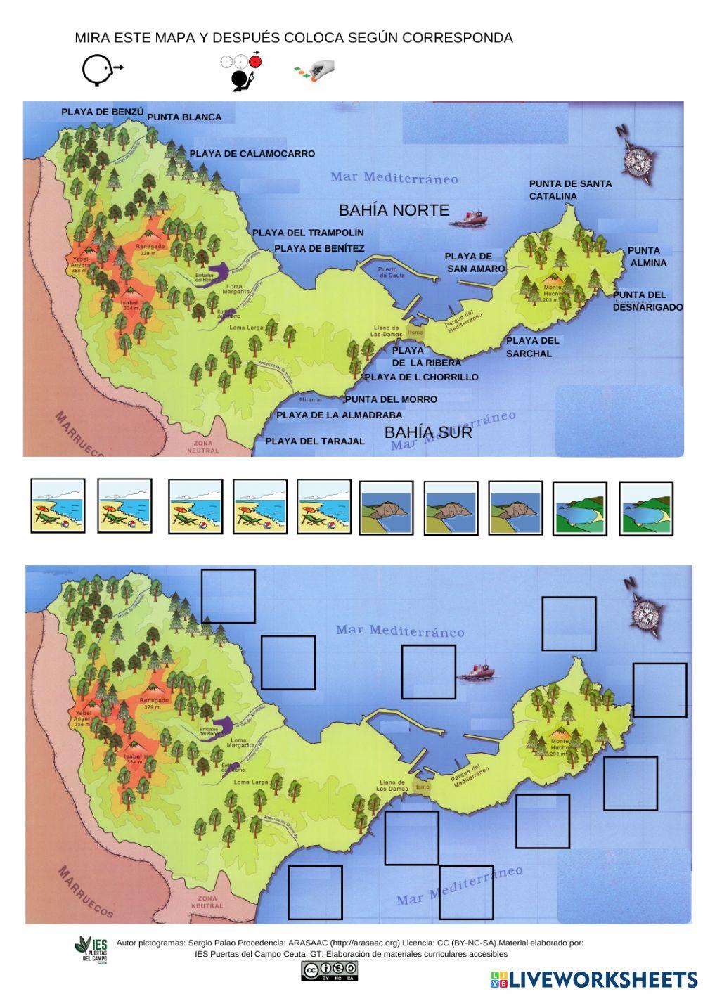 Relieve de mapa de  Ceuta: playas,  cabos  y bahías.