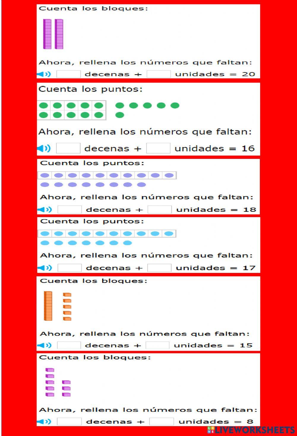 Contar decenas y unidades, hasta el 20