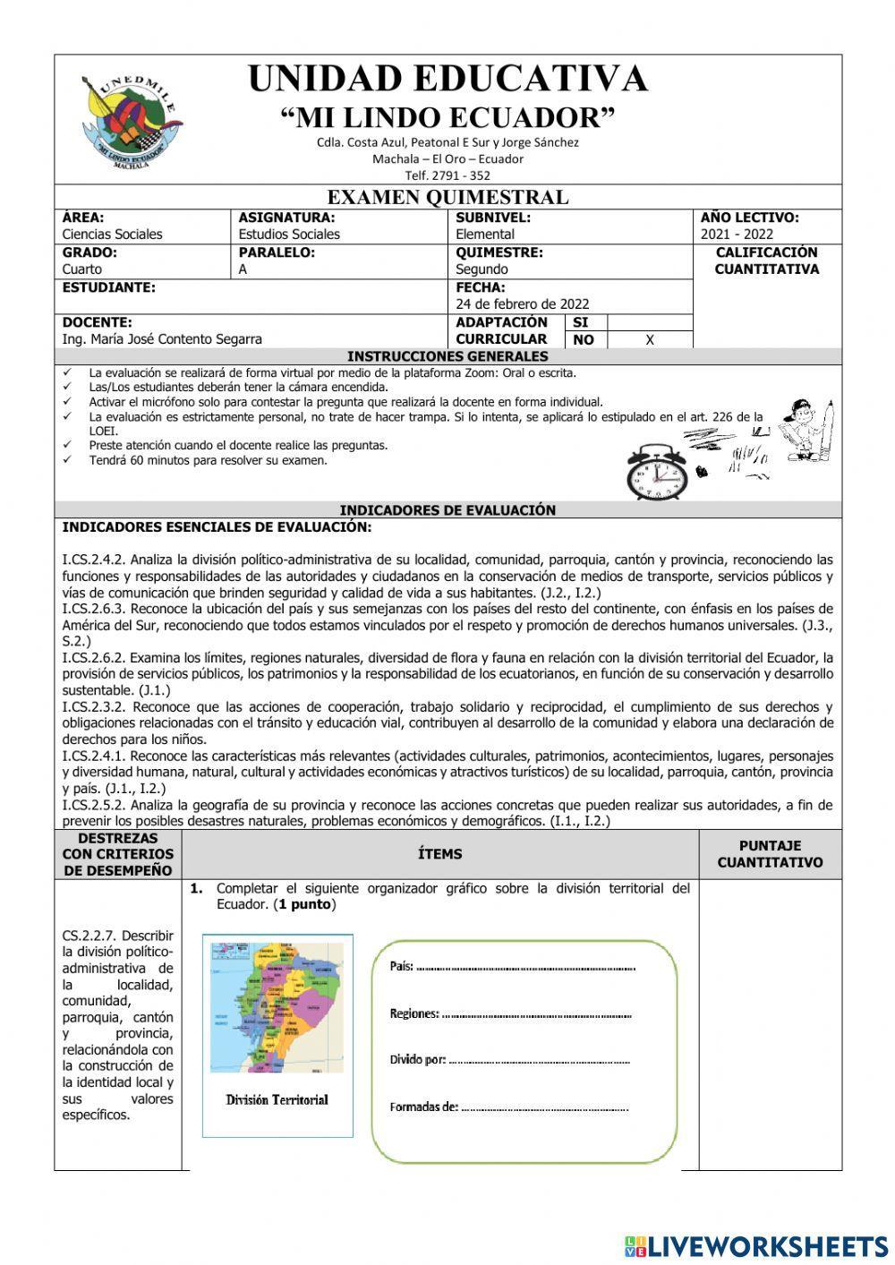 Exámen Quimestral Cuarto Estudios Sociales