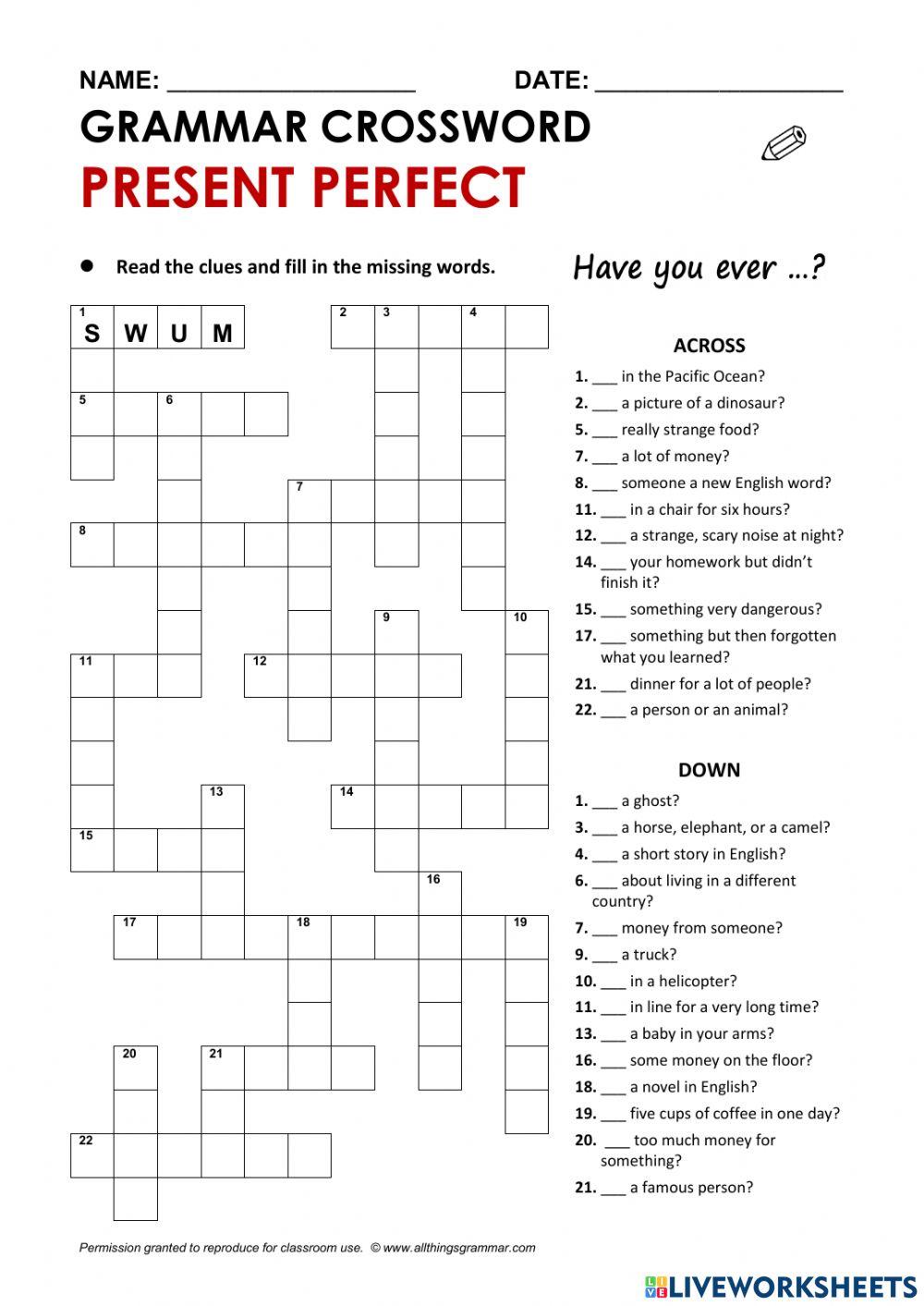 Present Perfect crossword 3554470 MARÍA BELEM OLVERA