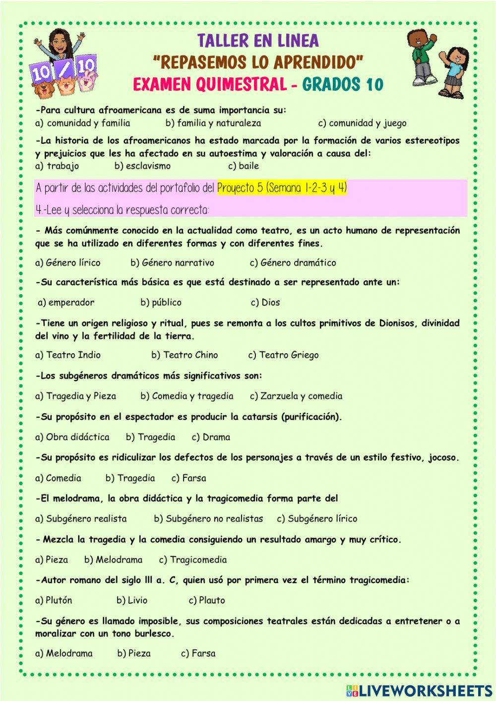 EXAMEN QUIMESTRAL LENGUA Y LITERATURA GRADO 10 A