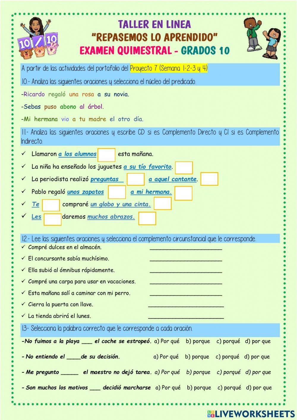 EXAMEN QUIMESTRAL LENGUA Y LITERATURA GRADO 10 A