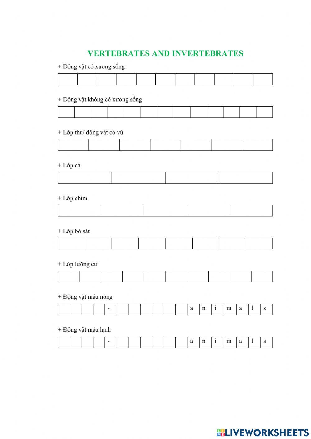 Vertebrate and invertebrate exercise Live Worksheets