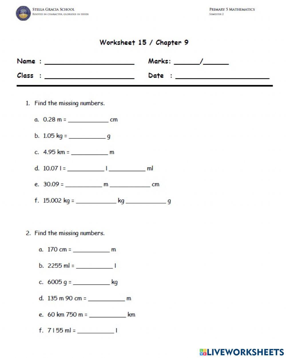 Worksheet 15 Chapter 9