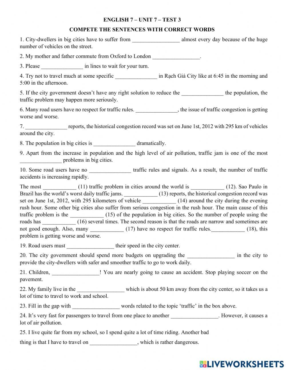 Vocabulary english 7 - unit 7