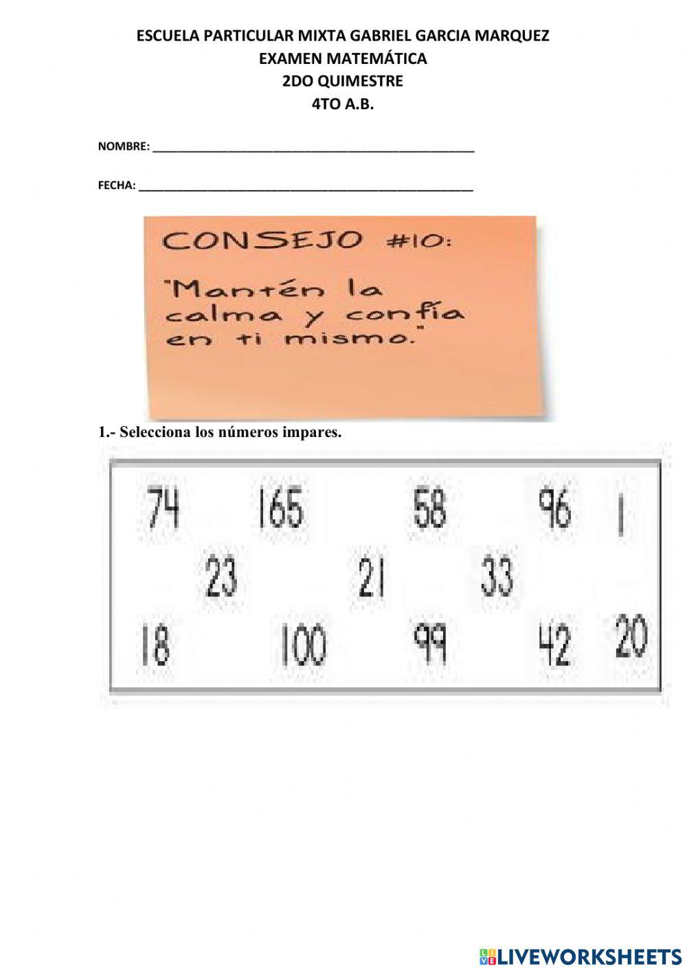 Examen matemática 2do quimestre