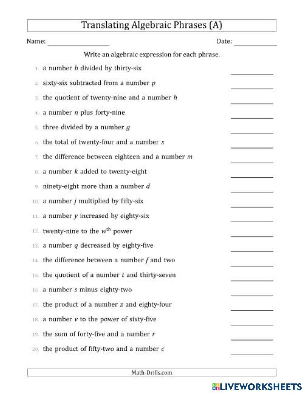 Math Writing Algebraic Expressions Worksheet