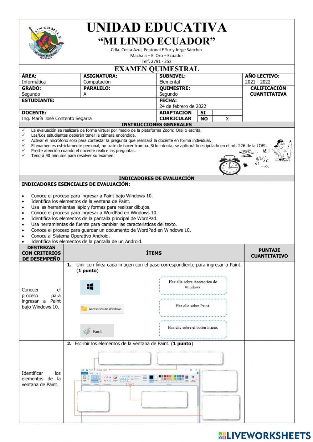 Exámen Quimestral Computación Segundo