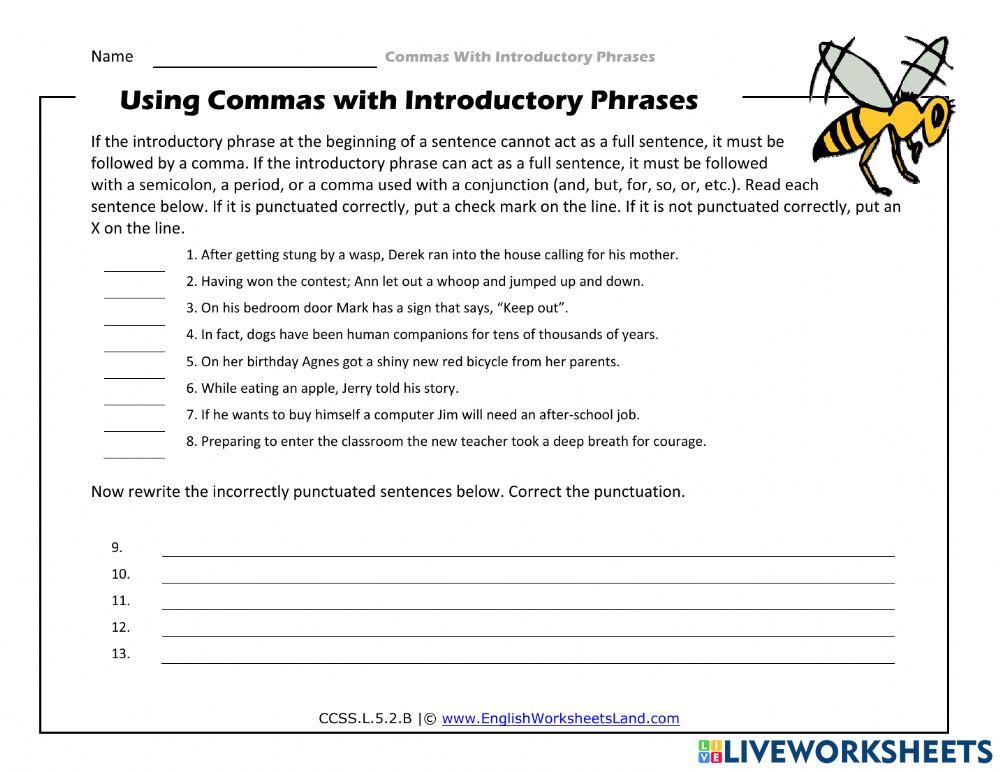 Commas with int free interactive worksheets 2742833