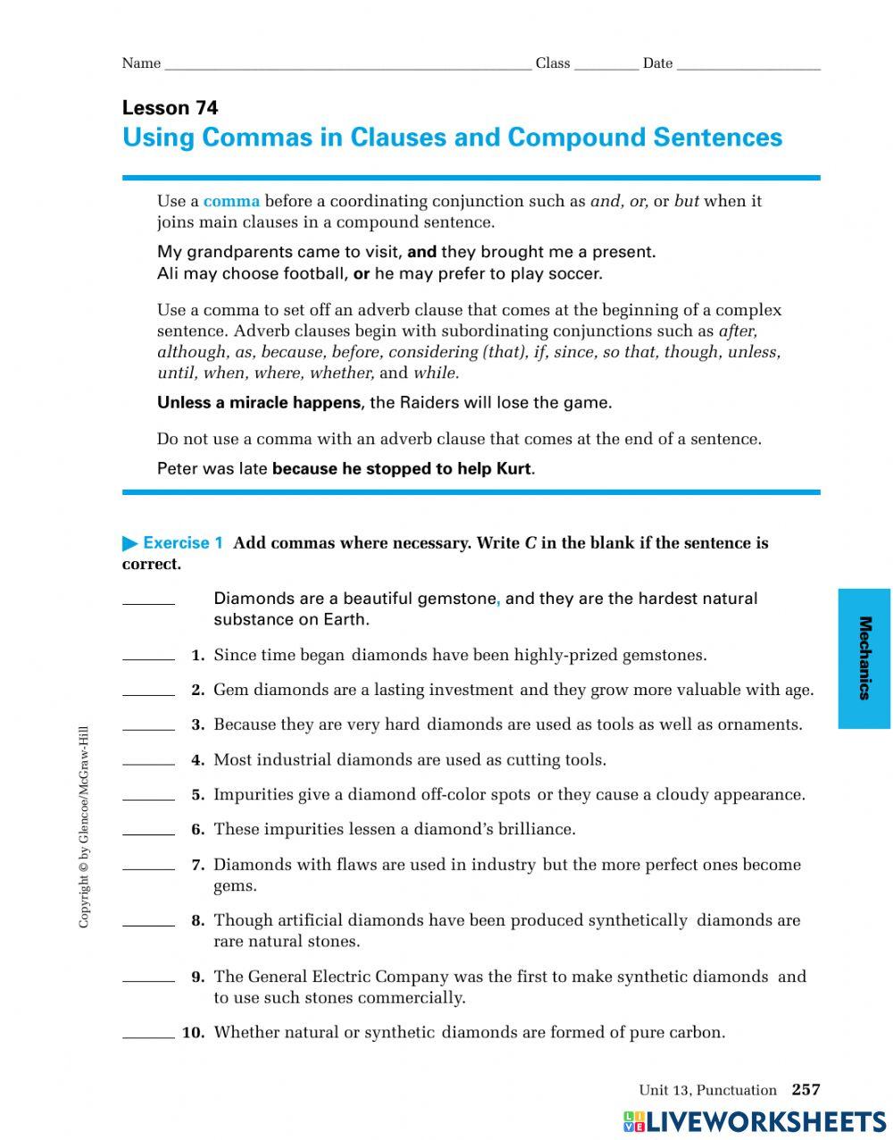 Commas with int free interactive worksheets 2742833