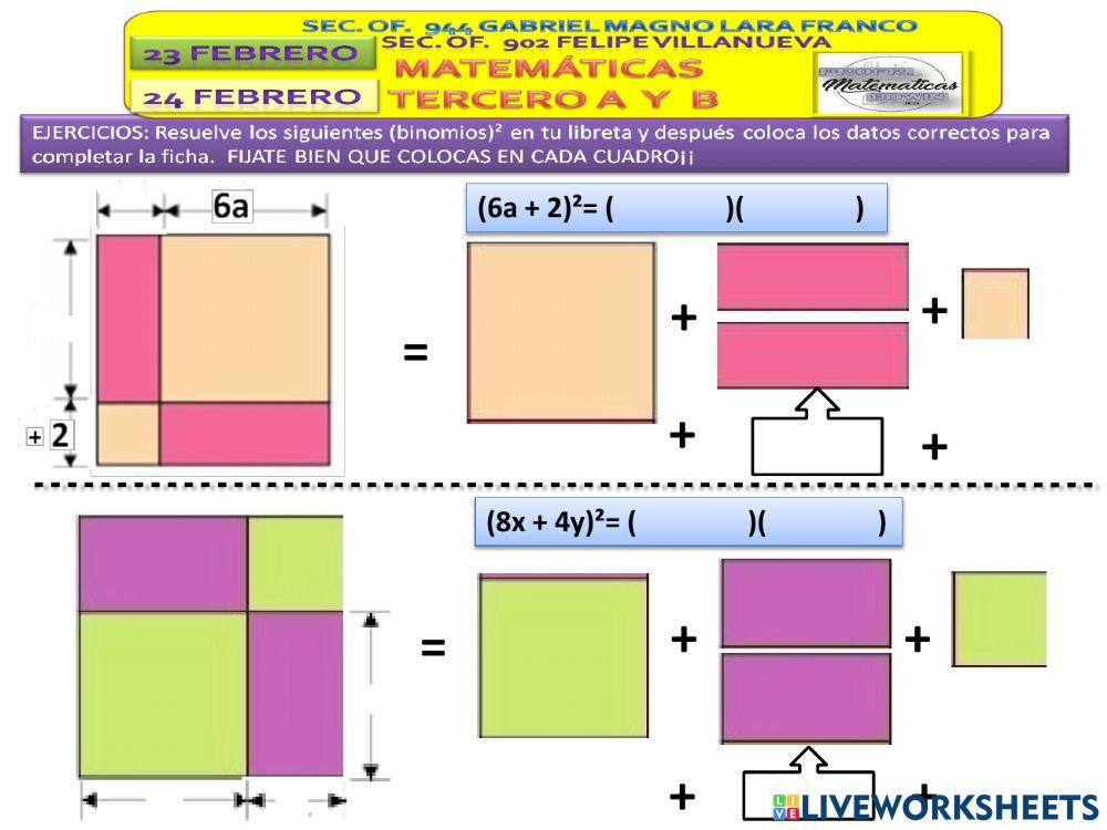 Ejercicios  Binomios al Cuadrado Representación Gráfica