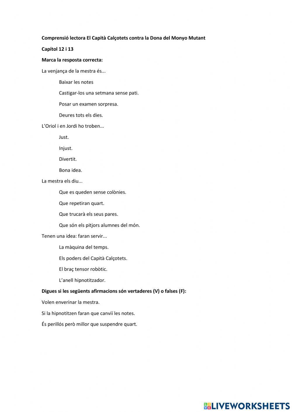 Comprensió lectora El Capità Calçotets contra la Dona del Monyo Mutant Capítol 12 i 13