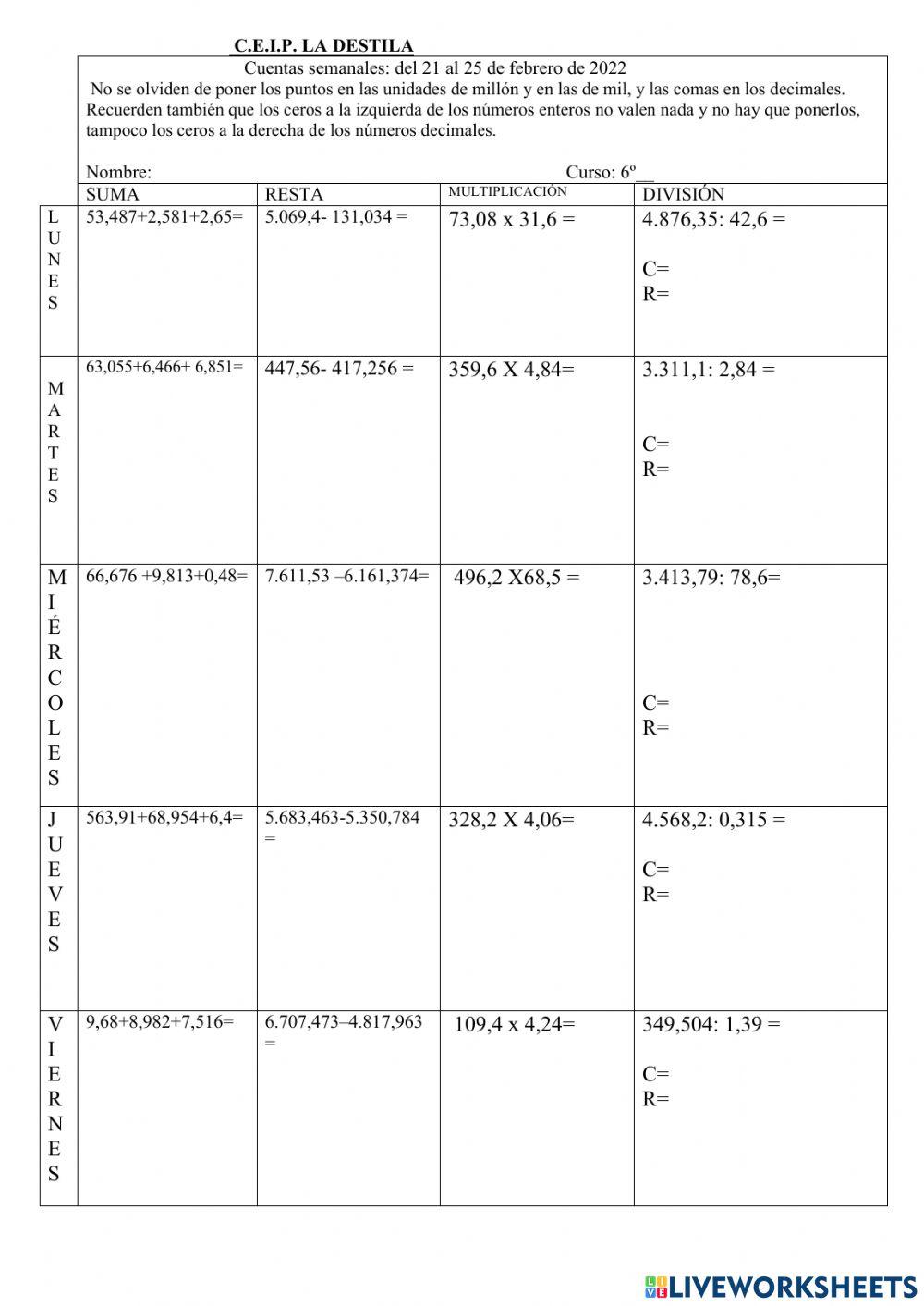 Cuentas semanales del 21 al 25 de Febrero
