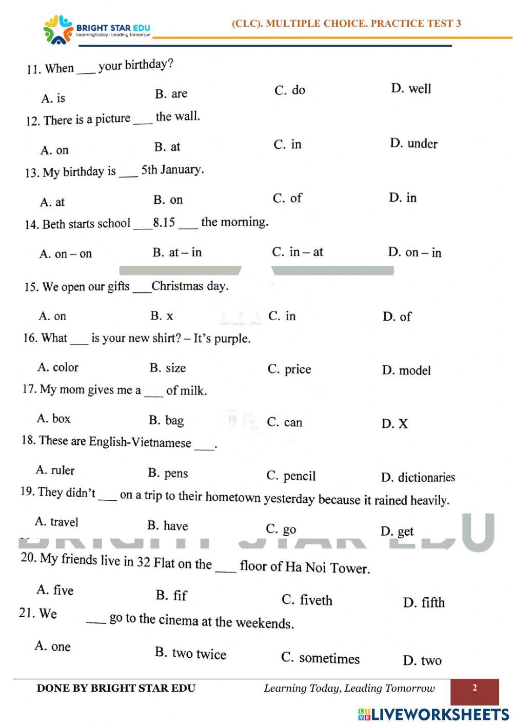 (CLC).Multiple choice. Practice test 3